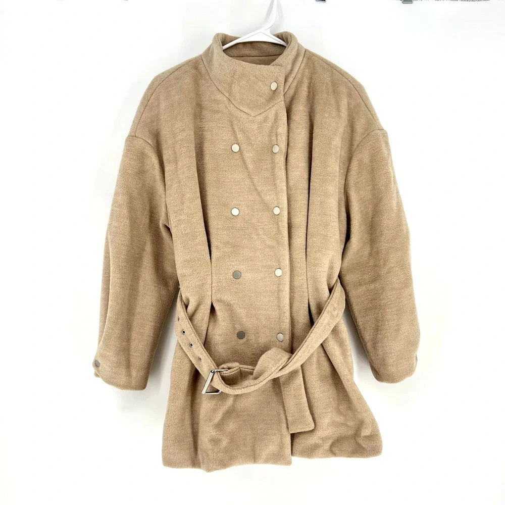 THE KORNER Women's size S Khaki Double Breasted Belted High-neck Wool Blend Coat - Picture 1 of 7